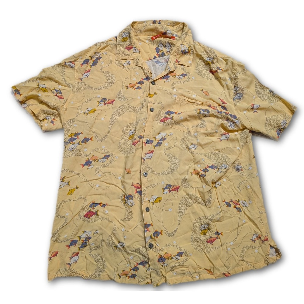 Tori Richard Mens 2XL Button-Down Shirt Yellow Hawaiian Fish Pattern USA Woven